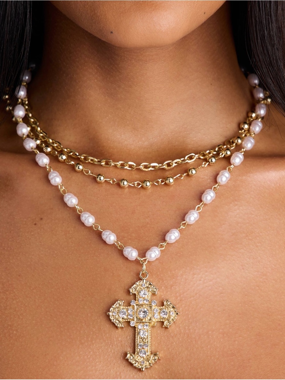 Fashion Nova Gold-Tone Pearl Layered Cross Necklace